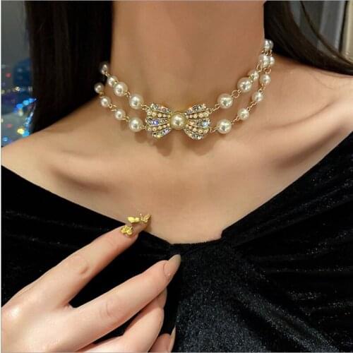 Big Bow Charm Necklace Choker Double Strands Pearls Korean Japan Styles Sweet Accessories