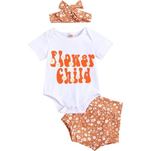 0-18M Newborn Baby Girl Short Sleeve Cotton Bodysuit Tops Floral Bloomers Shorts Headband 3PCS Baby Clothing Set