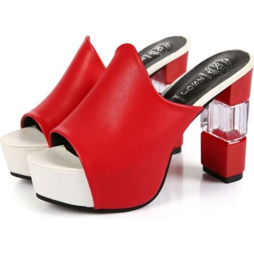 2020 New Women Sandals Leather Slippers High Heels Sexy Peep Platform Mules Ladies Pumps Slippers Female Slingback Sandals Shoes