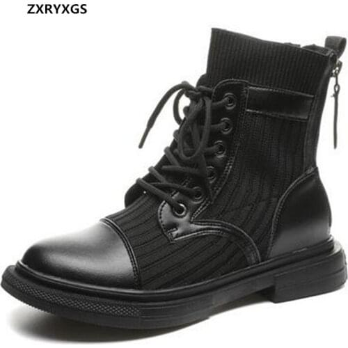 2020 New British Style Cowhide Knitting Splicing Autumn Boots Women Shoes Martin Boots Fashion Wild Black Shoes Woman Boots