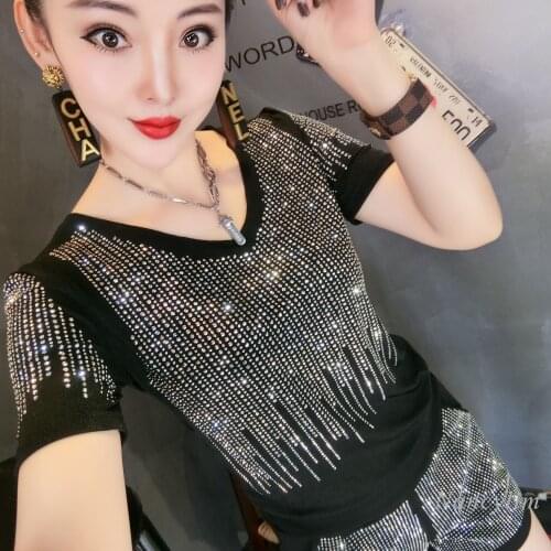 New Rhinestone T-shirt Women Slim Fit All-Matching Short Sleeve V-neck Bottoming Shirt Lady Black Top 2021 Spring Summer