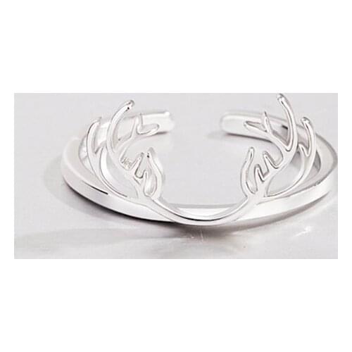 925 Sterling Silver Antlers Original Simple Elk Temperament Personality Fashion Female Trendy Resizable Opening Rings SRI044