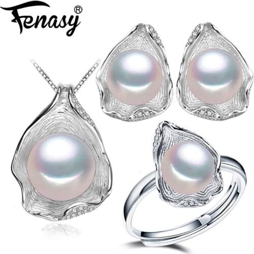 FENASY Natural Pearl Jewelry Sets For Women Classic Pendant Necklace 925 Sterling Silver Stud Earrings Party vintage Ring