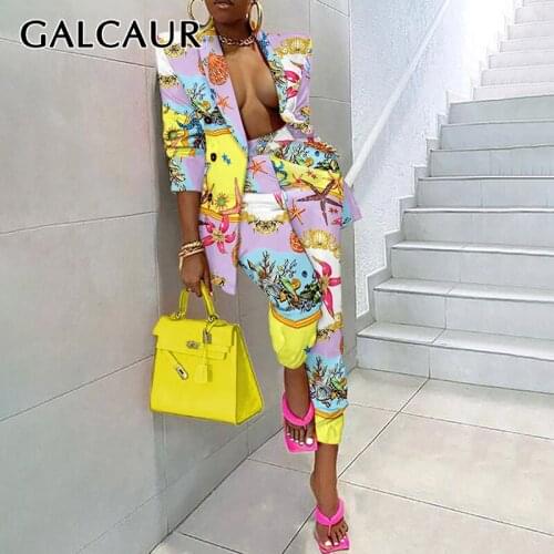GALCAUR Leopard Sexy Two Piece Set For Female Notched Long Sleeve Blazer Elastic Waist Pant 2021 Womens Colorblock Trouser Suit