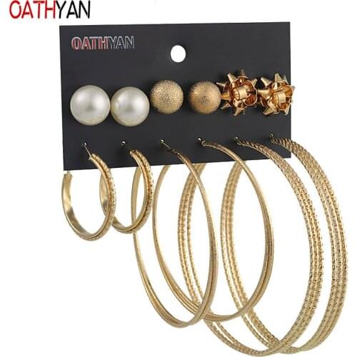 OATHYAN 6 Pairs/Set Punk Gold Color Statement Round Hoop Earrings Sets Female Oversize Multilayer Ball Circle Earring For Women