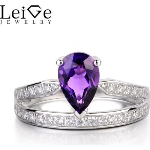 Leige Jewelry Natural Amethyst Ring Sterling Silver 925 Fine Jewelry Tear Drop Purple Gemstone Engagement Promise Rings