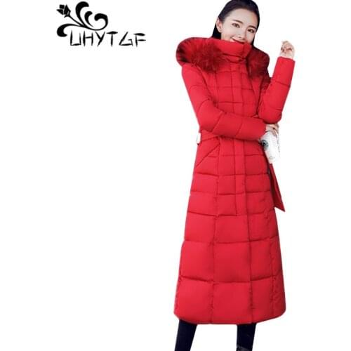 UHYTGF Thicken warm long Cotton jacket fur collar hooded winter down jacket Belt slim women outerwear plus size parkas mujer 804