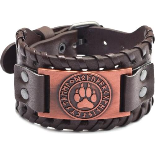 Vintage Men Wide Bangle Nordic Viking Designer Charm Dog Paw Bracelet Leather Weave Adjustable Wristband Jewelry