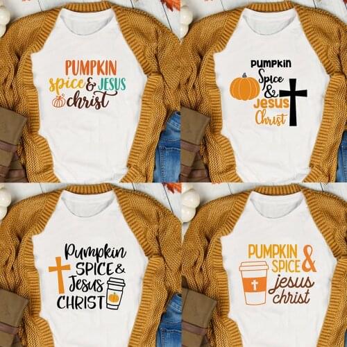2021 Halloween Pumpkin Spice Jesus Christ Print Women T-shirt Coffee Cross Graphic Tees Christian Harajuku Short Sleeve T Shirts