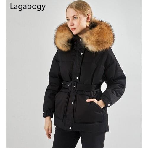 Lagabogy 2021 Winter Large Natural Fur Collar Hooded Women Warm Puffer Jacket With Belt 90% White Duck Down Coat Thickness Parka