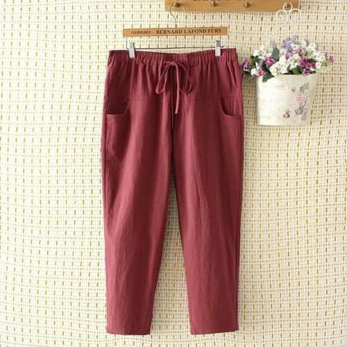 Plus Size 2XL-4XL Womens Elastic Waist Solid Cotton&Linen Casual Pants Solid Ankle Pants