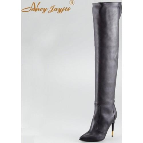 Women’S Black Pu Golden Super Stiletto Heel Boots 2021 Female Office Pointed Toe Over The Knee Booties Woman Sexy Slip On Shoes