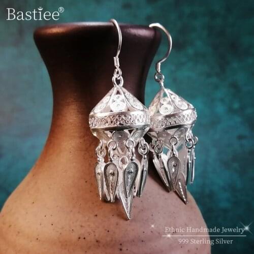 Bastiee 999 Sterling Miao Silver Earrings For Women Ethnic Lantern Tassel Earings Handmade Luxury Jewelry Vintage Boba fantezi