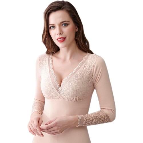 Winter Warm Tops For Women Plus Size Velvet Pullovers Blouse Sexy Lace V-Neck Long Sleeve Slim Body Tshirt Clothing 2020