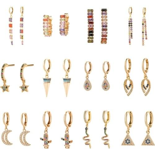 Trendy Gold Huggie Hoop Earrings for Women Cubic Zirconia CZ Rainbow Long Dangle Tassels Earrings Geometric Design Jewelry