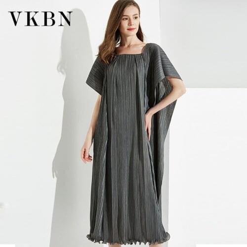 VKBN Summer Dress Women Casual Square Collar Ruched Fabric Pullover Short Sleeve Party Elegant Maxi Dress Fashion