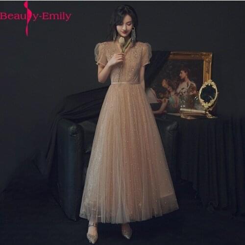 Beauty Emily Sexy Illusion V Neck Evening Dress Long Charming Sequined Lace Short Sleeve Champagne Evening Gown Robe De Soiree