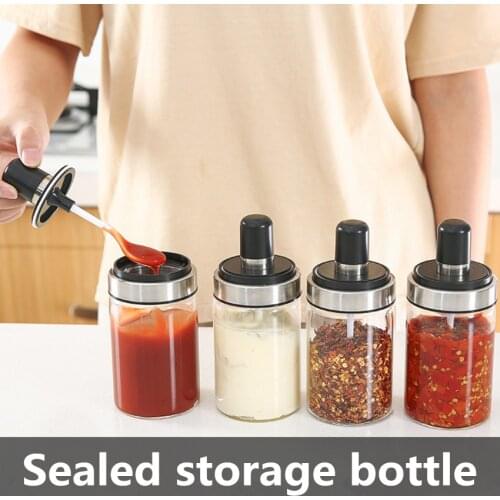 1Set Seal Glass Jar With Spoon High Quality Spice Seasoning Oil Storage Tank Jam Bottle Kitchen Storage Container