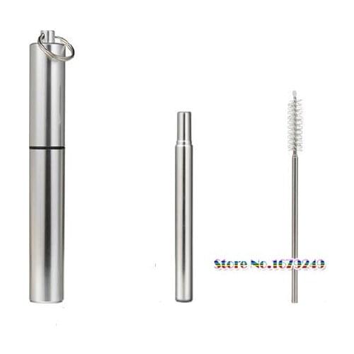 100pcs/lot Portable Reusable Folding Drinking Straws Stainless Steel Metal Telescopic Straw with Aluminum Case & Cleaning Brush