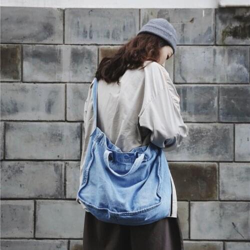 Denim Bag Wide Shoulder Strap Denim Tote Bag Casual Handbag For Women Designer Simple Shoulder Bags Soild Crossbody Bag 2021 New
