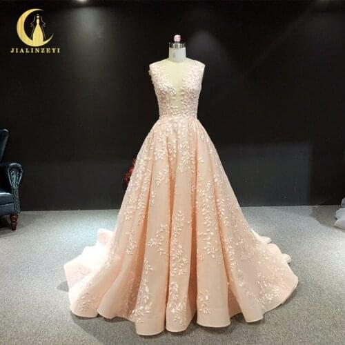 JIALINZEYI Real Sample Sexy Top Lace appliques leaf pnk Dress for Party Evening Dresses