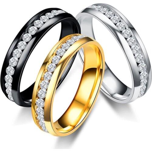 Classic 1 Row Lines Clear Crystal Jewelry Rings Fashion Stainless Steel Wedding Engagement Ring for Men Women 3 Colors Pick