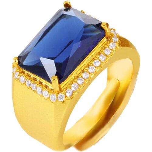 Blue CZ Stone Ring Gold Color Wedding Jewelry Male Engagement Crystal Ring Resizable To 7-11 Never Fade
