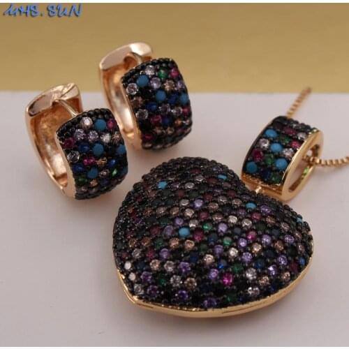 MHS.SUN Fashion Zircon Necklace Earrings Set Heart Pendants Chain Necklace Jewelry Set AAA CZ Earrings Luxury Style