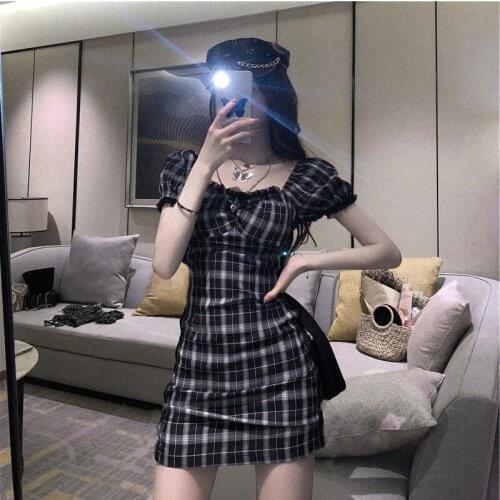 Lattice Pattern A-Line Short Sleeve Mini Dress For Womens Clothes 2021 fashionSummer Casual Stretch Comfortable Lady Streetwear