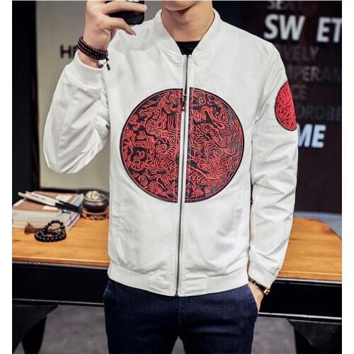 2019 Men Vintage Autumn Embroidery Jackets Mens Loose Streetwear White Jackets Male Chinese Style Buckle Clothes