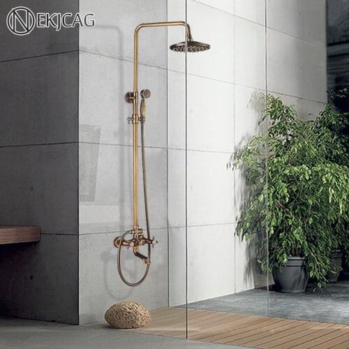 Nekjcag Brass Material Antique Bathroom Shower Faucet Set Dual Handle with Shelf Hot Cold Water Mixer Tap Rainfall Shower Head