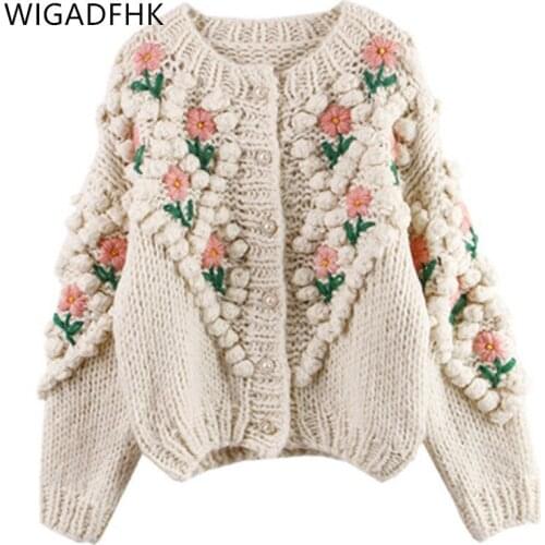 2021 New Women Winter Handmade Sweater Floral Embroidery Autumn Cardigans Hollow Out Chic Knit Jacket Pearl Beading Cardigans