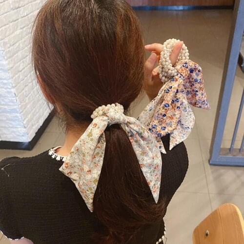 New Trendy Sweet Floral Hair Bowknot Scarf Scrunchies Cute Imitation Pearl Print Elastic Scarf Ponytail Holder Hair Accessories