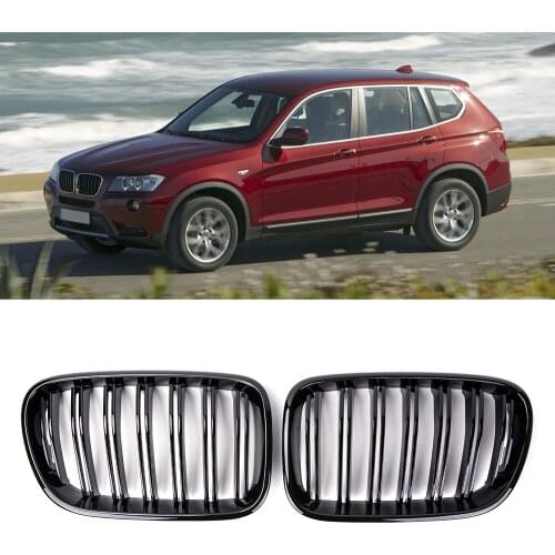 One Pair ABS 2010-2013 Glossy Black Car Front Gril For BMW X3 F25 Dual Slats Front Bumper Kidney Grille Auto Accessories