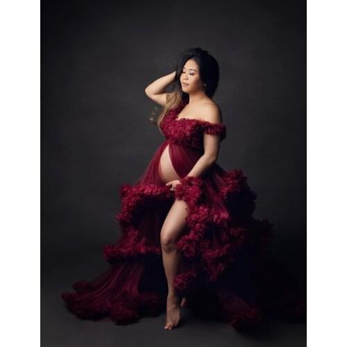 Off Shoulder Maternity Dress Robes for Photo Shoot or Baby Shower Ruffle Tulle Chic Women Dresses Photography Robe EV07