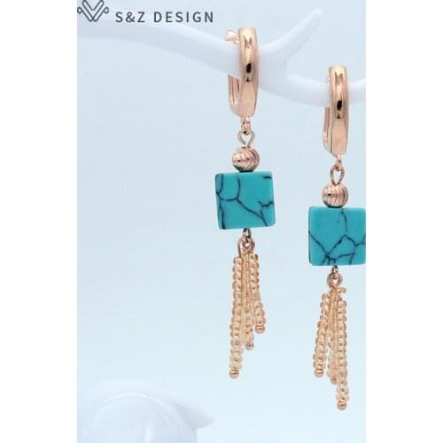 S&Z Fashion Square Turquoises Malachite 585 Rose Gold Dangle Earrings Ethnic South Korean For Women Girl Party Jewelry Gift