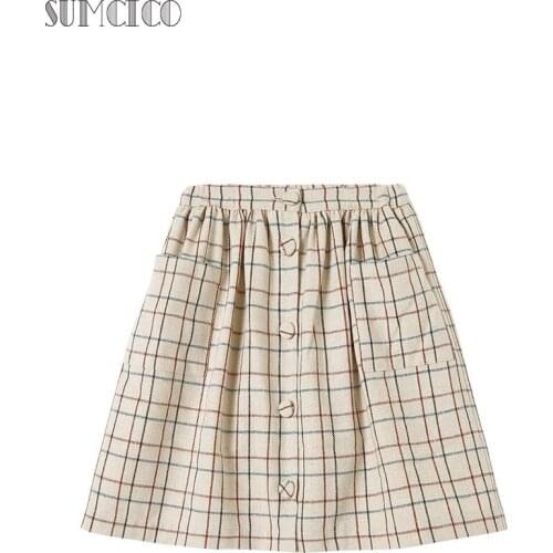Sumcico 2020ss/fw Latest Girls Woolen Skirt Soft Warm Cute Style Elastic waist Skirt Button Pocket Decoration Dailywear Age2-15Y