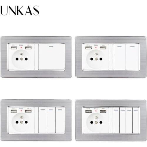 UNKAS French Standard Wall Socket Dual USB Port + 1 2 3 4 Gang 1 / 2 Way On / Off Light Switch Stainless Steel Panel Outlet