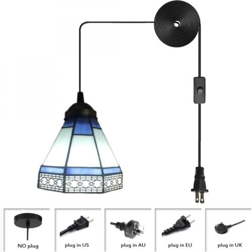 Tiffany Style Stained Glass Mini Chandelier,plug In Pendant Light with Hanging Cord and Switch, Vintage Swag Ceiling Lamp (Blue)