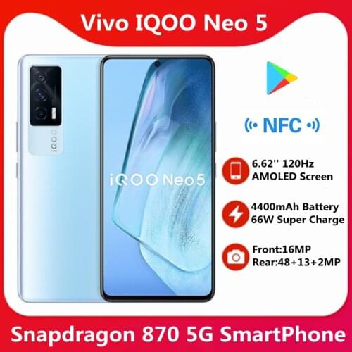 Original VIVO IQOO Neo 5 5G SmartPhone Snapdragon 870 7nm 66W Super Charger 4400mAh 120Hz AMOLED Screen Google Play NFC OTG