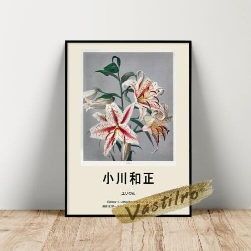 Ogawa Kazumasa Museum Exhibition Poster, Lily Hand Colored Collotype Wall Painting, Japan Vintage Plant Flower Leaf Art Prints