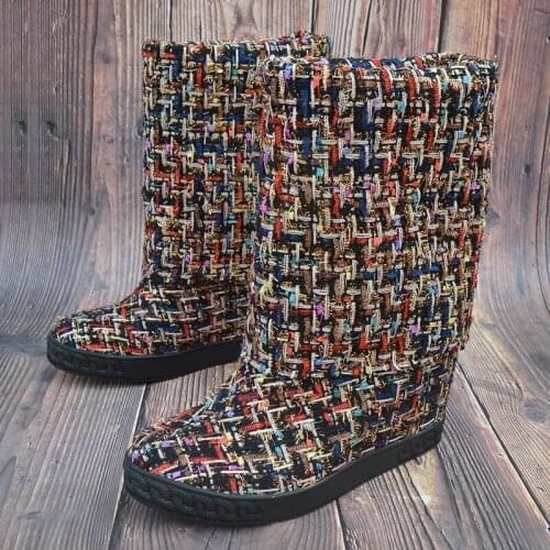 Fashion womens tweed wedge boots autumn winter high quality Increased within combat boots EU35-41 size BY736