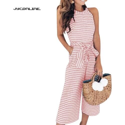 Women Sleeveless Striped Jumpsuit Casual Clubwear Wide Leg Pants Outfit Sleeveless Women' s Rompers Womens Jumpsuit