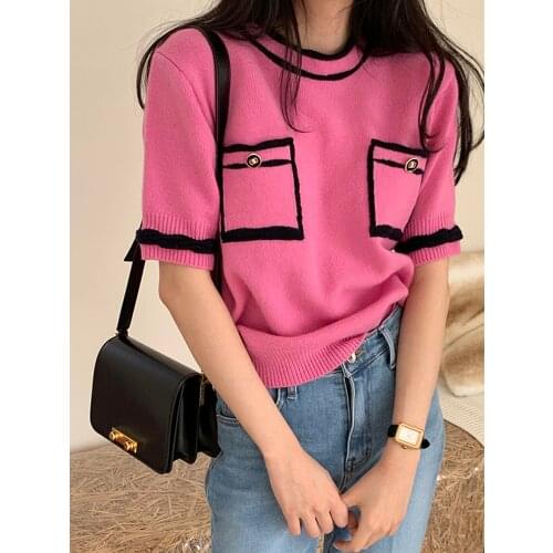 Spring Summer New Office Round Collar Short Sleeve Knit Women Sweater Pullovers YOU106