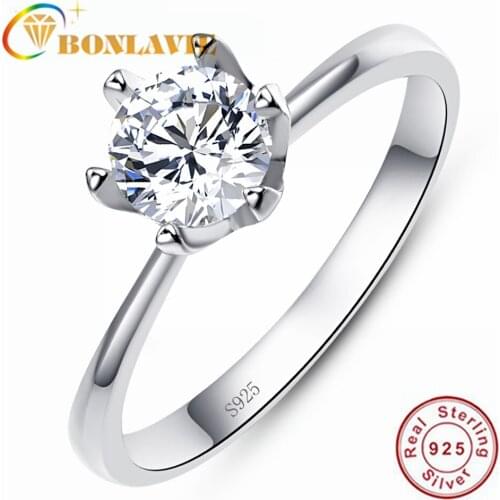 BONLAVIE 6-Claw Ziron Flower 925 Silver Ring Size 5-9 Women Wedding and Engagement Ring Wedding Bands