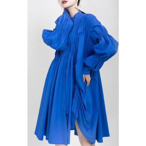 Women Blue Dress Oversized Pleated Lantern Long Sleeve Vestido Casual Irregular Japanse 2020 Spring Summer Girls Shift Dresses