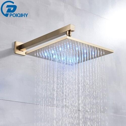 POIQIHY Brushed Golden Shower Head 8 inch 10 inch Rainfall Shower Faucet Head LED Light Bathroom Shower Head Accessory Square