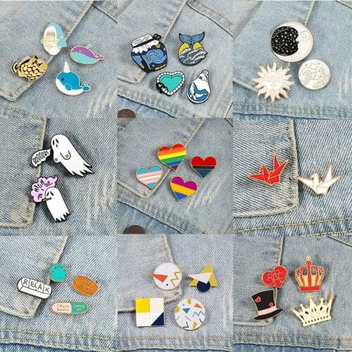 2-4Pcs/Set LGBT Rainbow Heart Enamel Pins Cartoon Fish Sun&Moon Ghost Crown Brooch Bag Clothes Lapel Pin Badge Cute Jewelry Gift