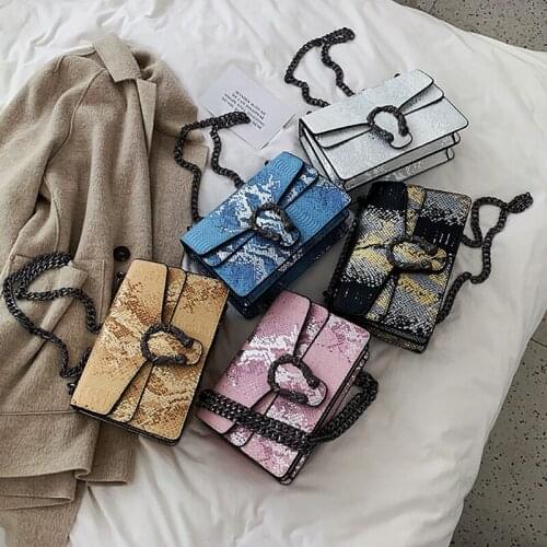 2019Hot selling ladies shoulder handbags snakein pu leather crossbody bag purse with chain