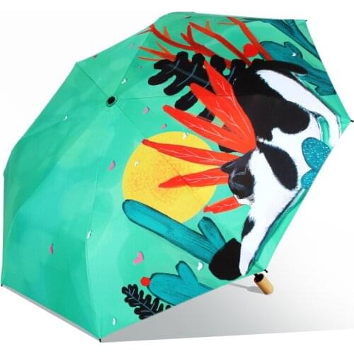 2020 New Art Illustration Cartoon Spot Cat Sun Umbrella for Lady 4 Folding Thickening 8 Rib Creative Sunshade Women Umbrellas